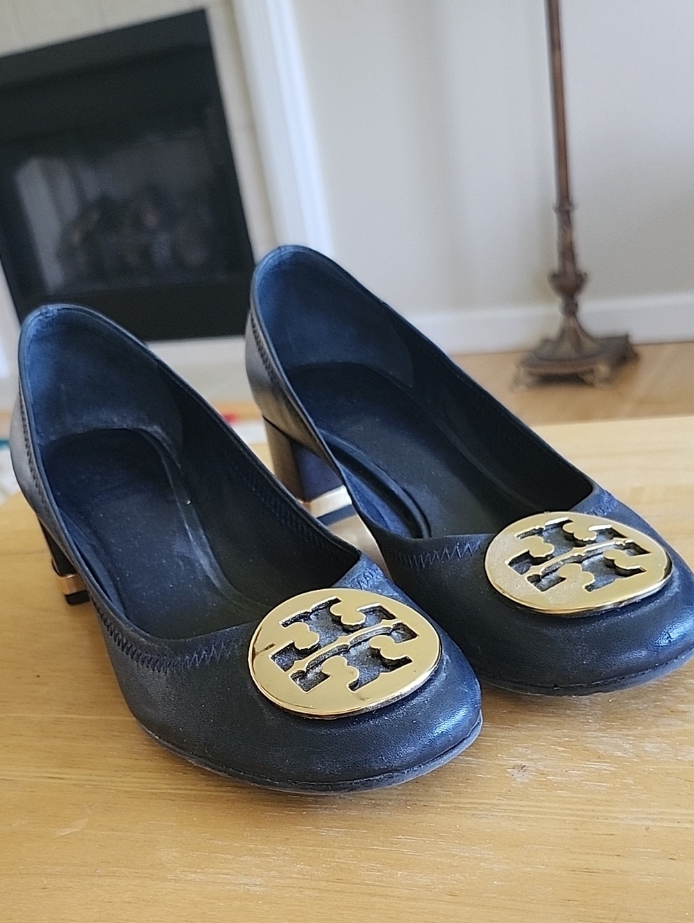 Tory Burch Navy Leather Block Heel Pumps with Gold Medallion